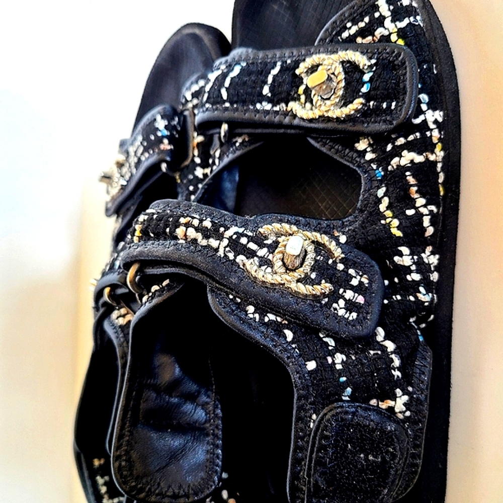 Black Tweed Sandals with Embellishments